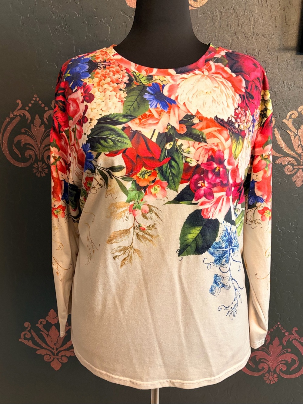 Floral Print Long Sleeve Top - Cream and Multicolor